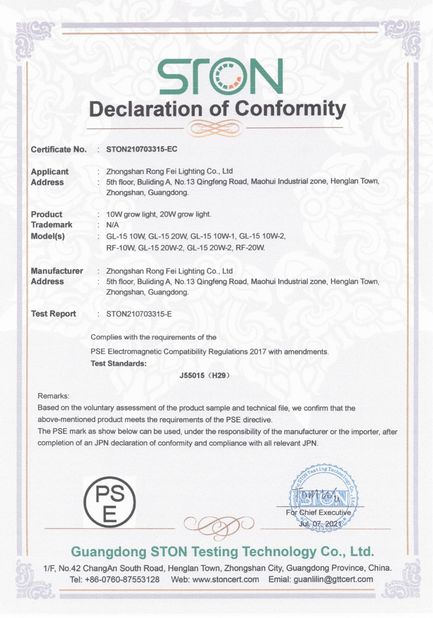China Zhongshan Rong Fei Lighting Co., Ltd certification